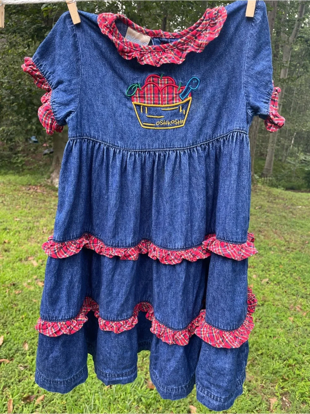 Vintage OshKosh Collection 100% Cotton Denim Tiered Dress w/ Plaid Ruffles